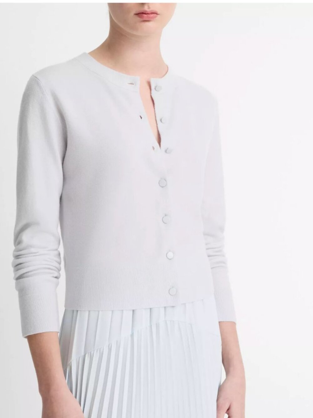 Vince Wool Cashmere Blend Tipped 1/2 Moon Cardigan Opal Grey XS - Picture 9 of 11